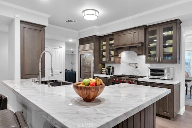 kitchen featuring sink, crown molding, dark brown cabinetry, light stone countertops, and range