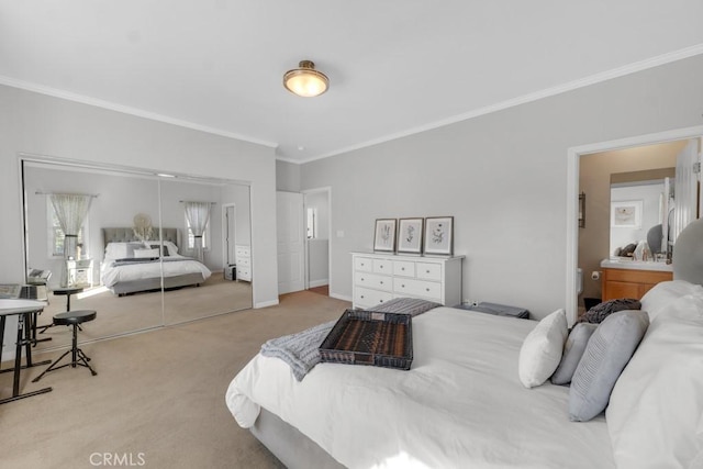 bedroom with light colored carpet and crown molding