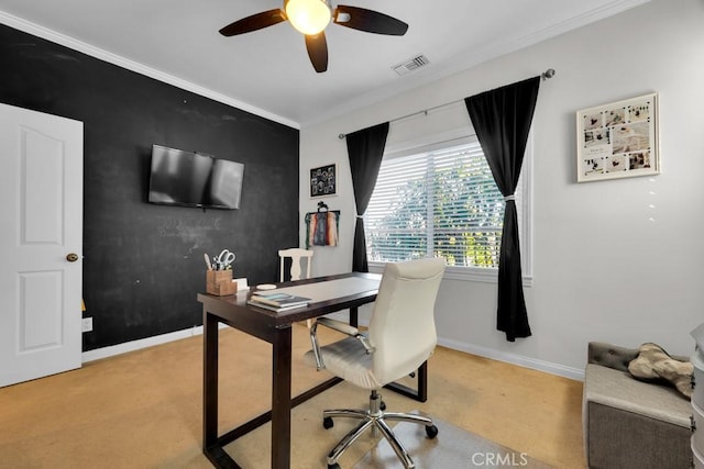 home office featuring ceiling fan and crown molding