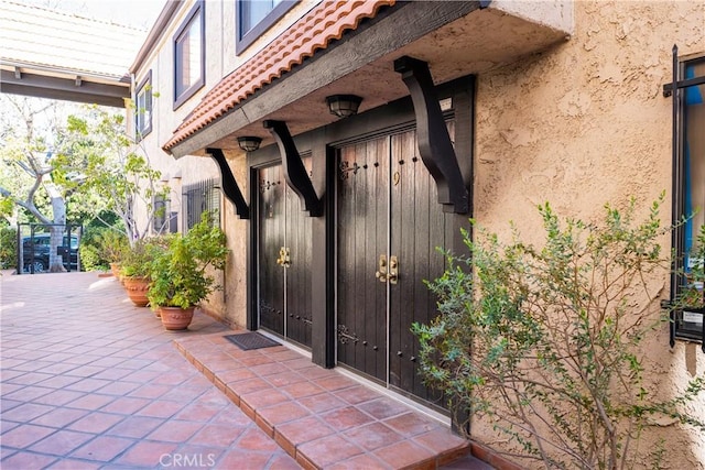 view of exterior entry with a patio and stucco siding