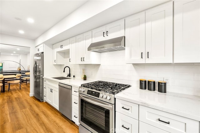 kitchen featuring under cabinet range hood, stainless steel appliances, a sink, decorative backsplash, and light wood finished floors