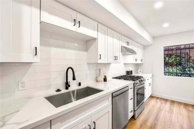 kitchen featuring light wood finished floors, light stone counters, stainless steel appliances, under cabinet range hood, and a sink