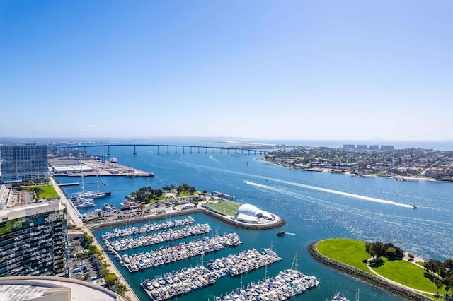 drone / aerial view featuring a water view