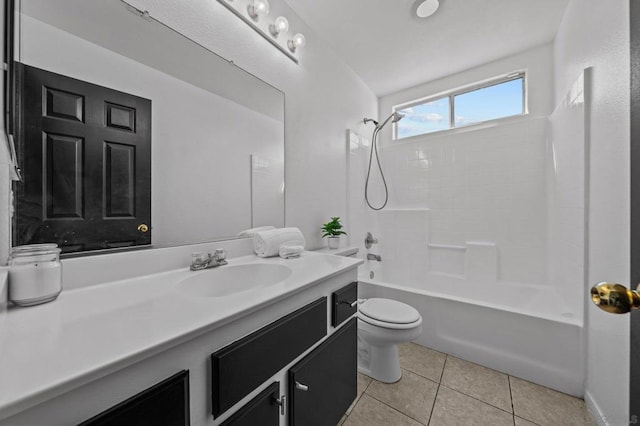 full bathroom with vanity, shower / tub combination, tile patterned floors, and toilet