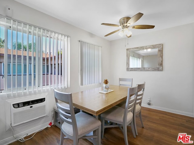 dining space featuring ceiling fan, dark hardwood / wood-style flooring, and an AC wall unit