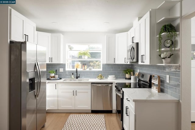 kitchen with light stone countertops, white cabinets, stainless steel appliances, decorative backsplash, and sink