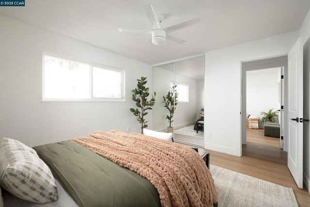 bedroom featuring ceiling fan and light hardwood / wood-style floors