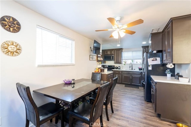 dining space with ceiling fan, wood-type flooring, and sink