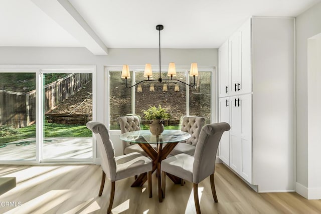 sunroom featuring beam ceiling and a chandelier