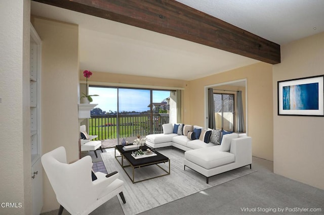 living room with light colored carpet and beamed ceiling