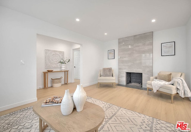 living area featuring hardwood / wood-style flooring and a fireplace