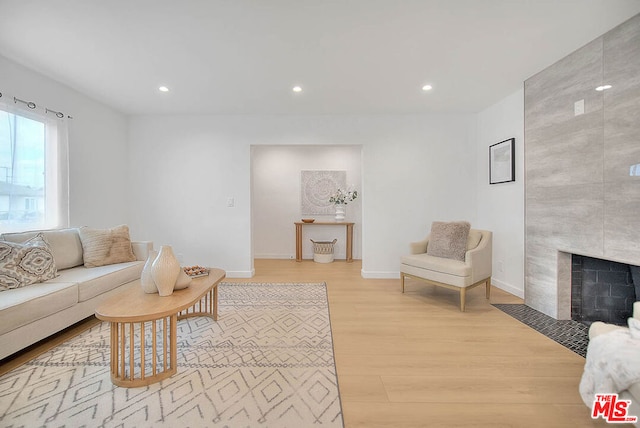 living room with a fireplace and light hardwood / wood-style floors