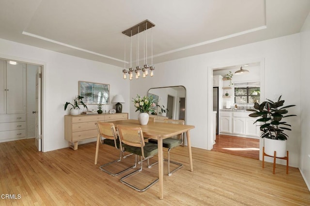 dining space with a tray ceiling and light hardwood / wood-style flooring