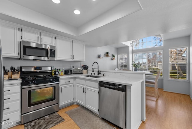 kitchen with sink, white cabinets, appliances with stainless steel finishes, and kitchen peninsula