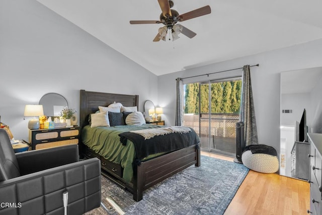 bedroom featuring access to outside, wood-type flooring, ceiling fan, and lofted ceiling