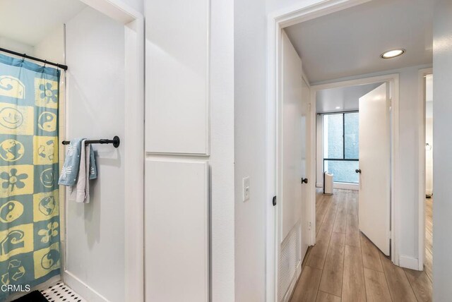 bathroom with hardwood / wood-style floors