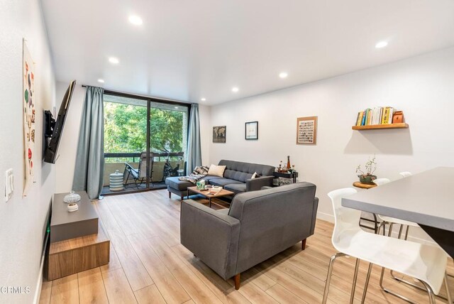 living room with light wood-type flooring and a wall of windows