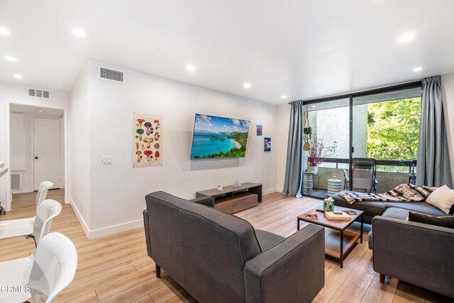 living room with light hardwood / wood-style floors and a wall of windows