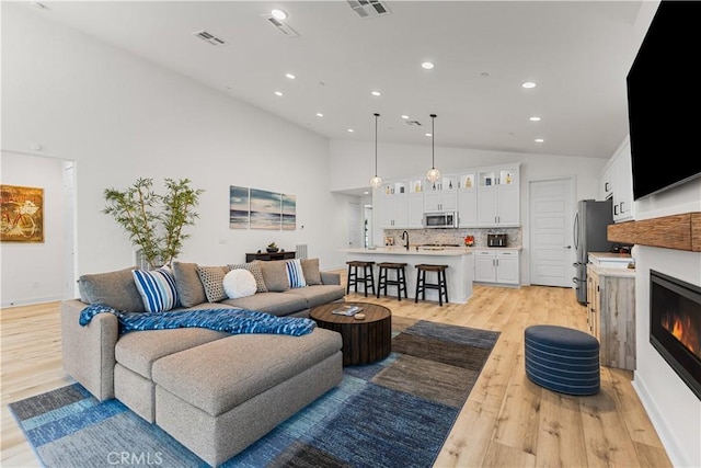 living room with lofted ceiling and light wood-type flooring