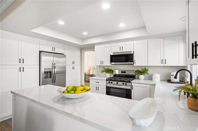 kitchen with white cabinets, a tray ceiling, and stainless steel appliances