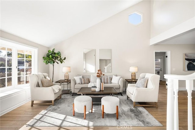 living room featuring high vaulted ceiling and light hardwood / wood-style floors