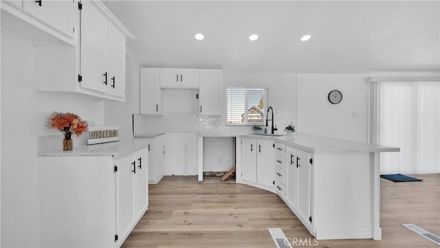 kitchen featuring white cabinetry, light hardwood / wood-style floors, sink, backsplash, and kitchen peninsula