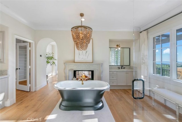 bathroom with a bathing tub, a high end fireplace, hardwood / wood-style flooring, and vanity