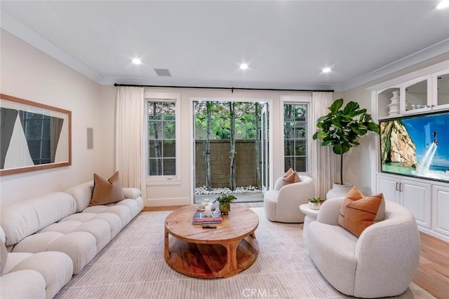 living room with light wood-type flooring and crown molding