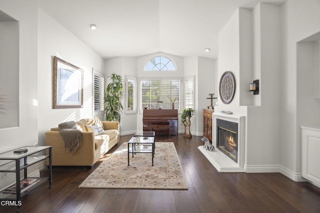 living room featuring dark wood-type flooring and vaulted ceiling