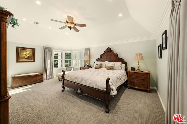 carpeted bedroom featuring ceiling fan and lofted ceiling