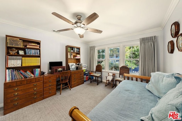 interior space with ceiling fan, light colored carpet, and crown molding