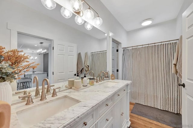 bathroom featuring hardwood / wood-style floors and vanity