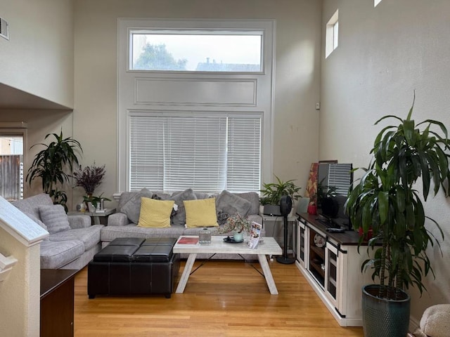 living room with a high ceiling and light wood-type flooring