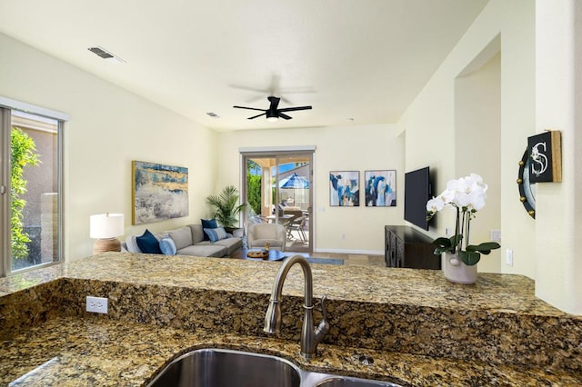 kitchen featuring ceiling fan, sink, and a healthy amount of sunlight