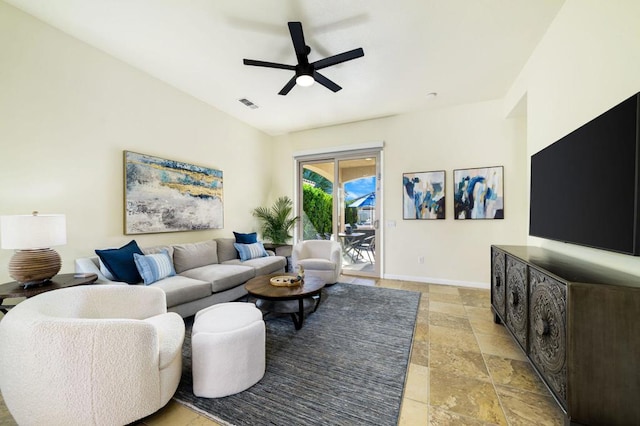 living room featuring ceiling fan