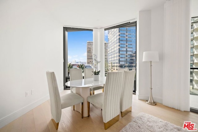 dining space featuring expansive windows and light hardwood / wood-style flooring