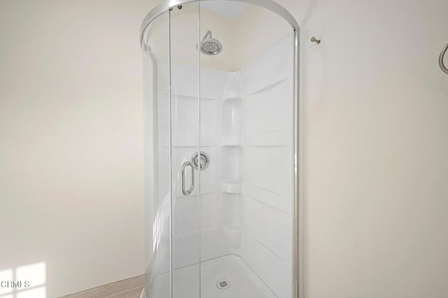 bathroom featuring a shower with shower door