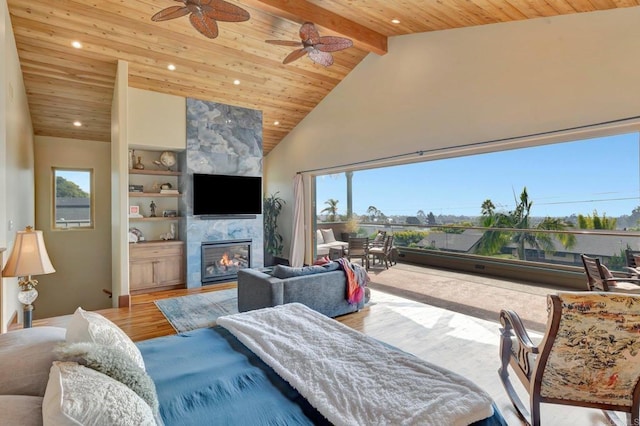 living room with wood ceiling, high vaulted ceiling, a fireplace, and hardwood / wood-style floors