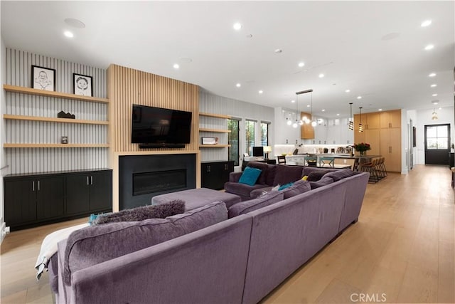 living room featuring a fireplace and light wood-type flooring