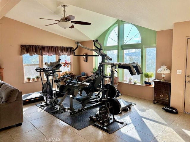 workout area featuring lofted ceiling, a healthy amount of sunlight, and light tile patterned floors