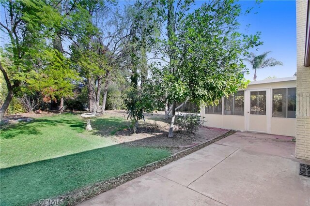 view of yard featuring a sunroom and a patio