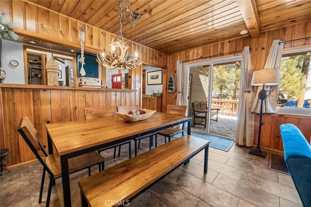 dining room featuring wood ceiling, beam ceiling, wood walls, and a chandelier