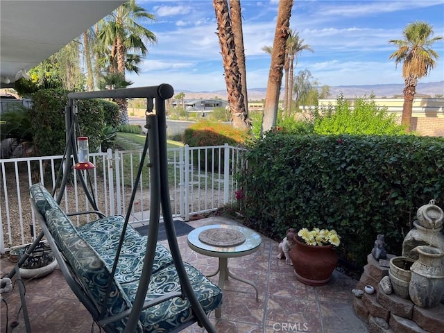 view of patio featuring a mountain view