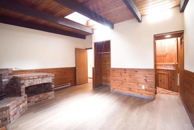 living room featuring hardwood / wood-style flooring, a baseboard radiator, beam ceiling, and wooden walls