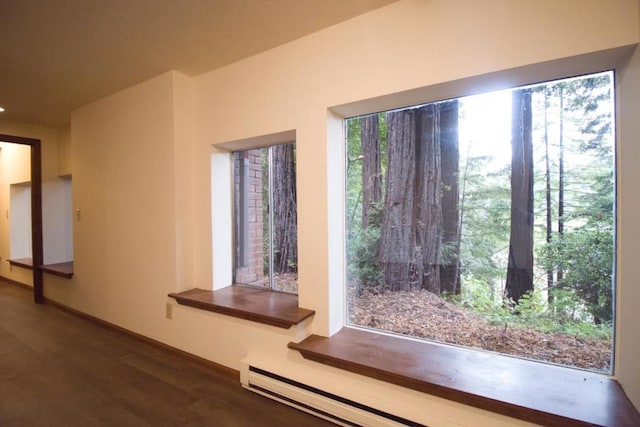 entryway featuring baseboard heating and dark hardwood / wood-style floors