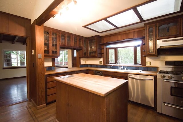 kitchen featuring appliances with stainless steel finishes, a center island, dark wood-type flooring, plenty of natural light, and butcher block countertops