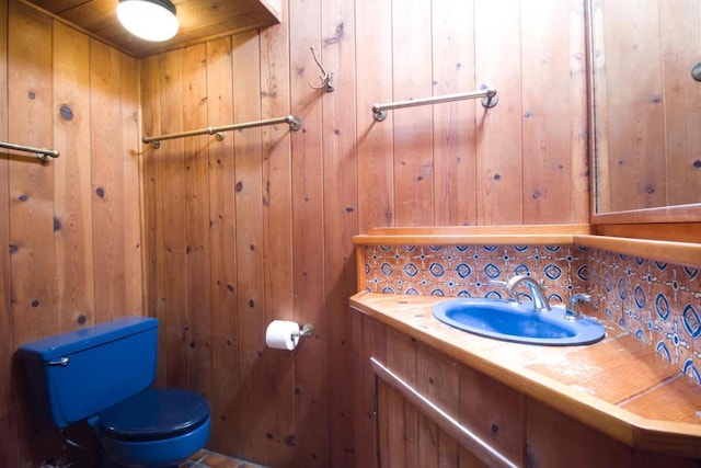 bathroom featuring vanity, toilet, and wooden walls