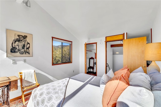 bedroom featuring lofted ceiling and a closet