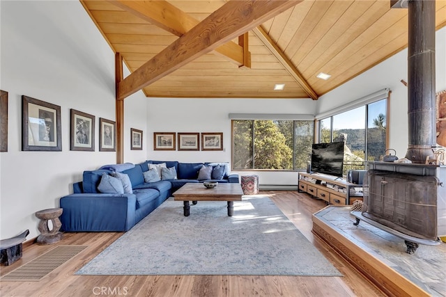 living room featuring high vaulted ceiling, a wood stove, beam ceiling, and wood ceiling