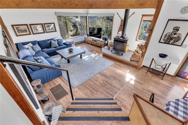 living room featuring a wood stove and hardwood / wood-style flooring